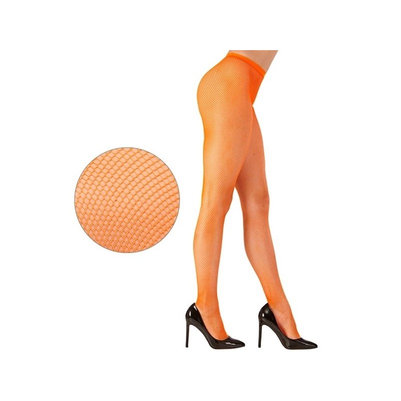 Neon orange fluorescent fishnet tights, standard size, women's party and costume accessory